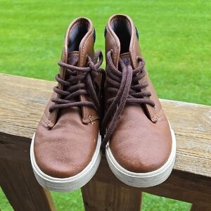 NAUTICA Mens Youth Sz 4 Brown Faux Leather Breakwater Ankle Chukka Lace Up UC